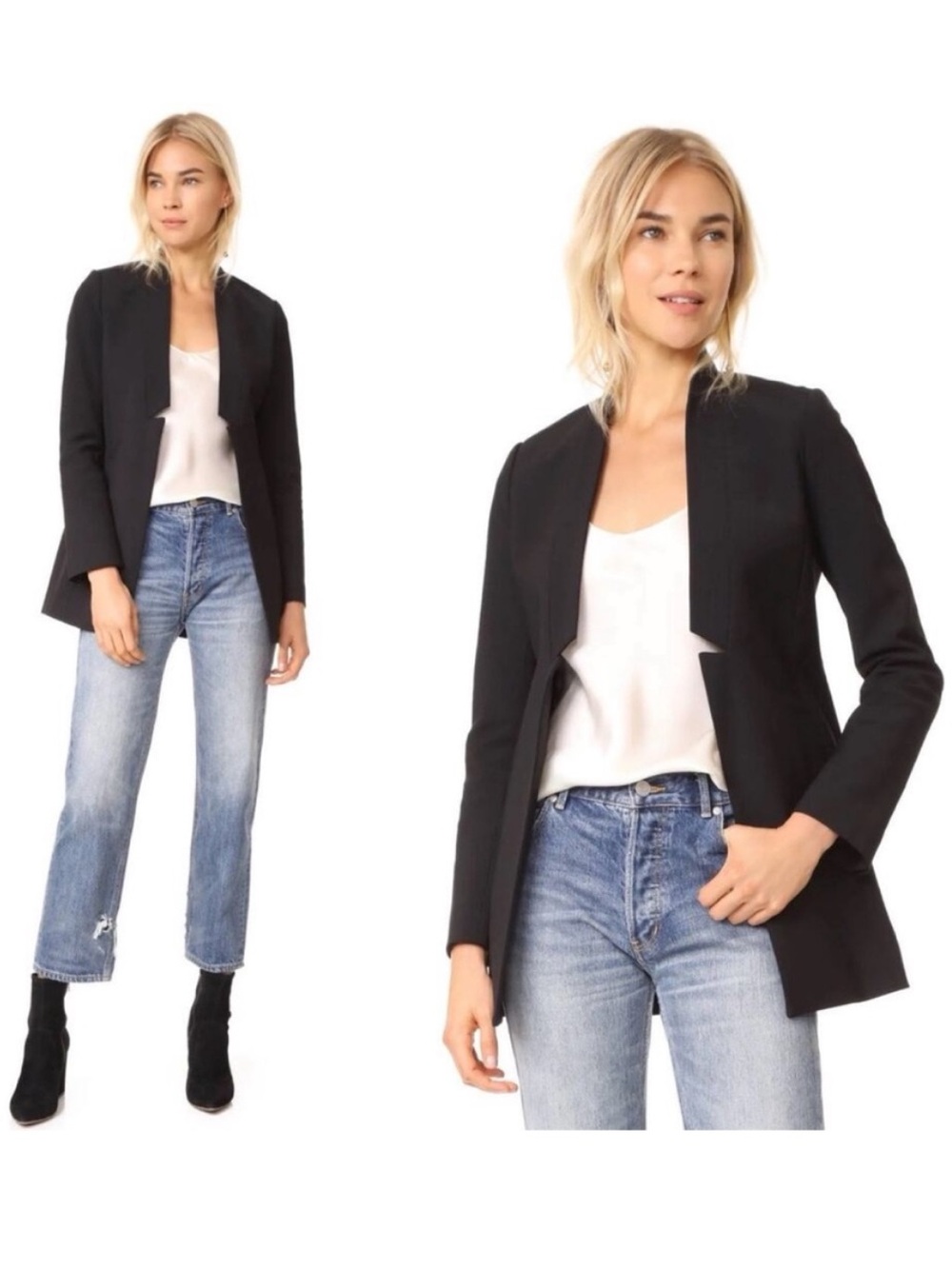 AYR The Coup Blazer Black Wool Blend Open Front Pockets Coat 0